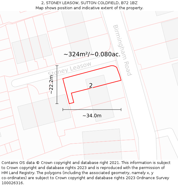 2, STONEY LEASOW, SUTTON COLDFIELD, B72 1BZ: Plot and title map