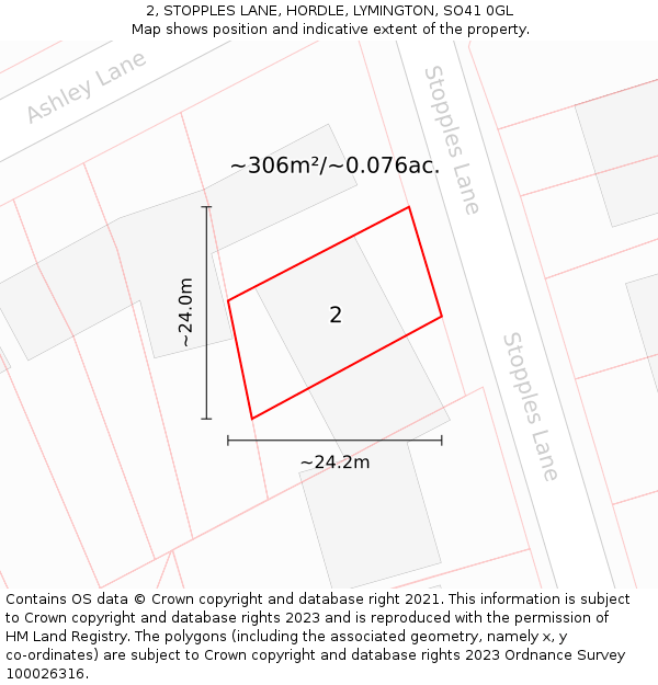 2, STOPPLES LANE, HORDLE, LYMINGTON, SO41 0GL: Plot and title map