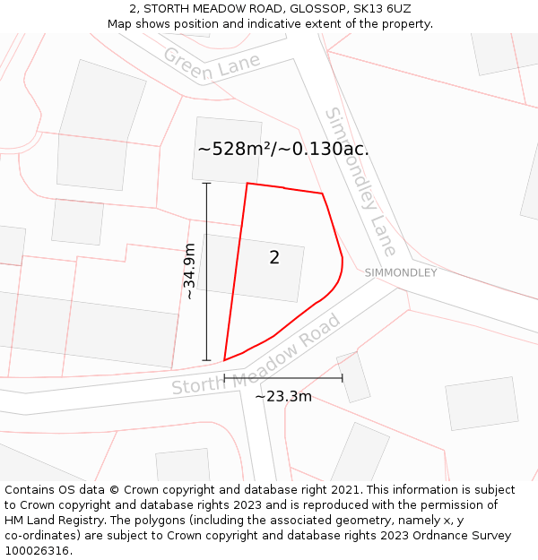 2, STORTH MEADOW ROAD, GLOSSOP, SK13 6UZ: Plot and title map
