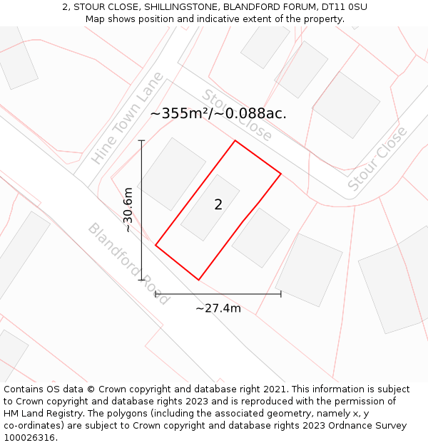 2, STOUR CLOSE, SHILLINGSTONE, BLANDFORD FORUM, DT11 0SU: Plot and title map