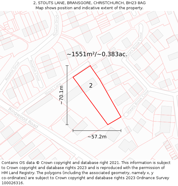 2, STOUTS LANE, BRANSGORE, CHRISTCHURCH, BH23 8AG: Plot and title map