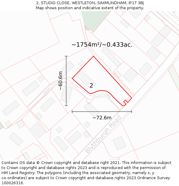 2, STUDIO CLOSE, WESTLETON, SAXMUNDHAM, IP17 3BJ: Plot and title map