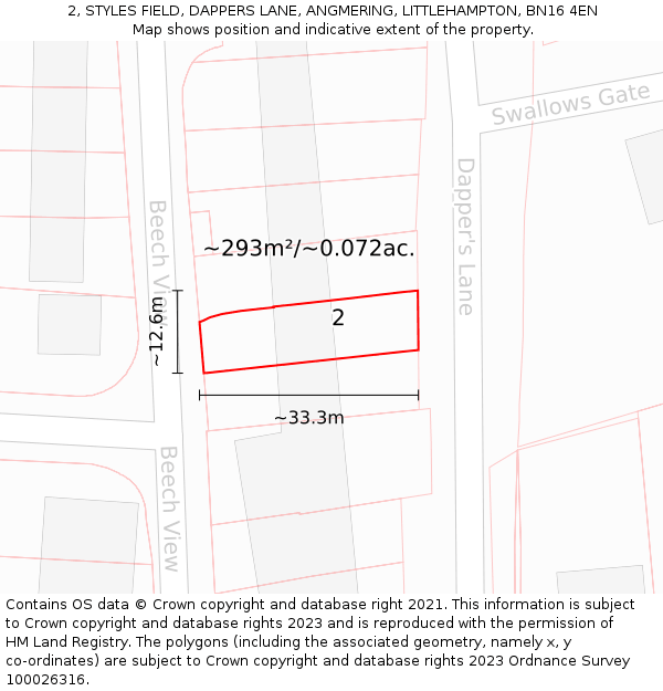 2, STYLES FIELD, DAPPERS LANE, ANGMERING, LITTLEHAMPTON, BN16 4EN: Plot and title map