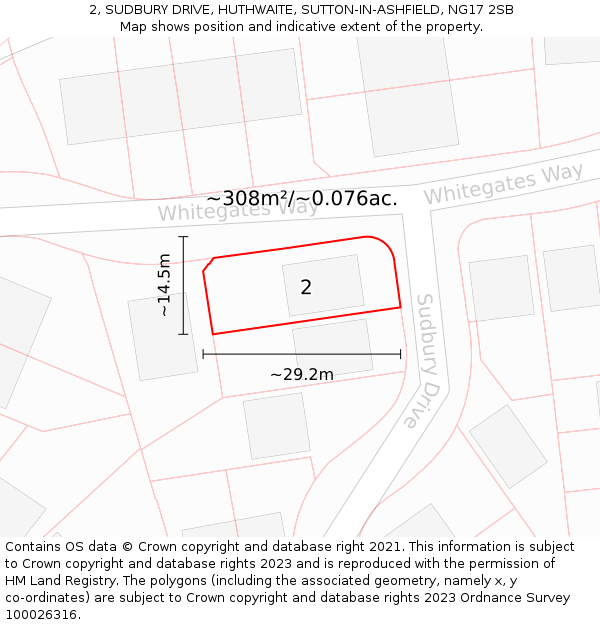 2, SUDBURY DRIVE, HUTHWAITE, SUTTON-IN-ASHFIELD, NG17 2SB: Plot and title map
