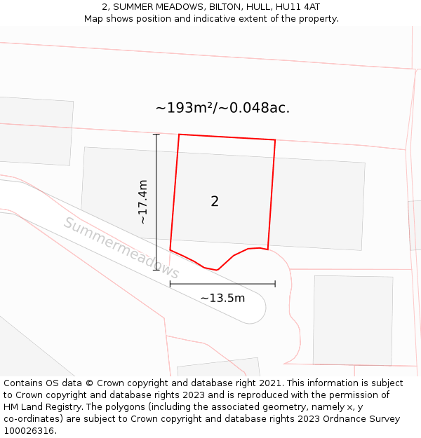 2, SUMMER MEADOWS, BILTON, HULL, HU11 4AT: Plot and title map