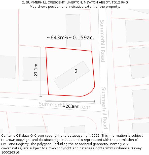 2, SUMMERHILL CRESCENT, LIVERTON, NEWTON ABBOT, TQ12 6HG: Plot and title map