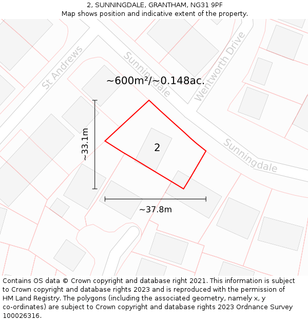 2, SUNNINGDALE, GRANTHAM, NG31 9PF: Plot and title map