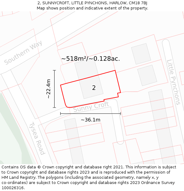 2, SUNNYCROFT, LITTLE PYNCHONS, HARLOW, CM18 7BJ: Plot and title map