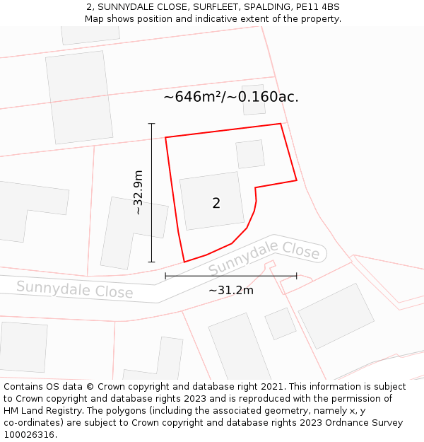 2, SUNNYDALE CLOSE, SURFLEET, SPALDING, PE11 4BS: Plot and title map