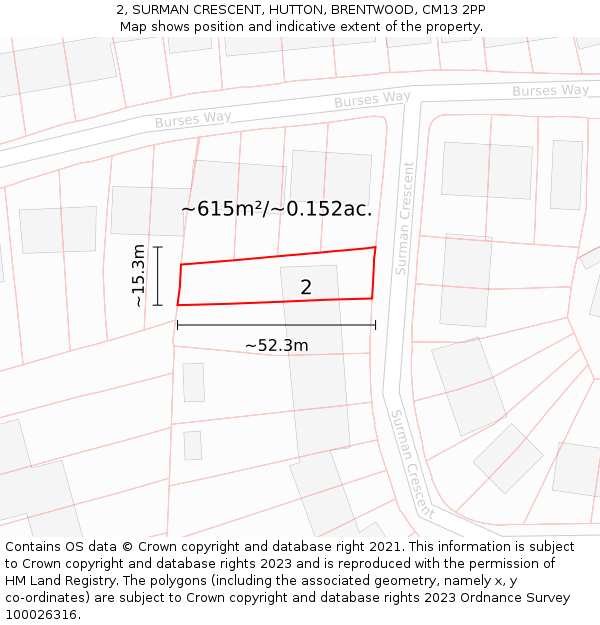 2, SURMAN CRESCENT, HUTTON, BRENTWOOD, CM13 2PP: Plot and title map