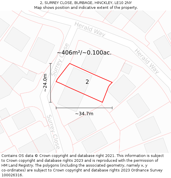 2, SURREY CLOSE, BURBAGE, HINCKLEY, LE10 2NY: Plot and title map