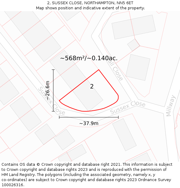 2, SUSSEX CLOSE, NORTHAMPTON, NN5 6ET: Plot and title map