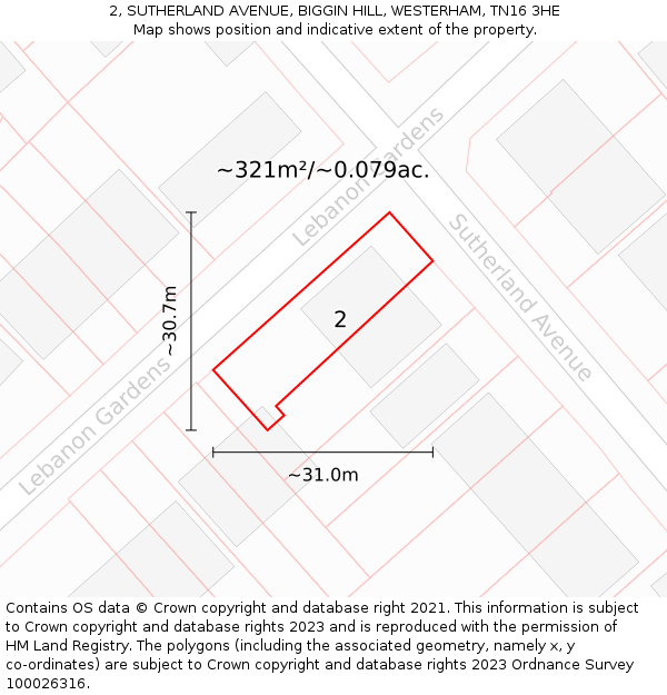 2, SUTHERLAND AVENUE, BIGGIN HILL, WESTERHAM, TN16 3HE: Plot and title map