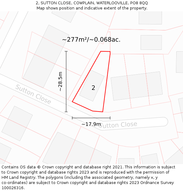 2, SUTTON CLOSE, COWPLAIN, WATERLOOVILLE, PO8 8QQ: Plot and title map