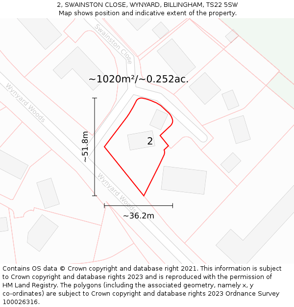 2, SWAINSTON CLOSE, WYNYARD, BILLINGHAM, TS22 5SW: Plot and title map