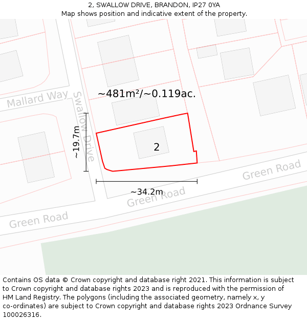 2, SWALLOW DRIVE, BRANDON, IP27 0YA: Plot and title map