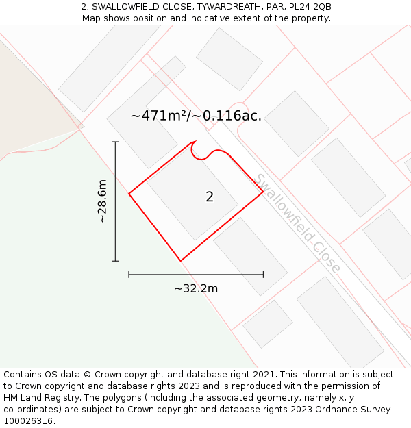 2, SWALLOWFIELD CLOSE, TYWARDREATH, PAR, PL24 2QB: Plot and title map