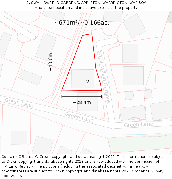 2, SWALLOWFIELD GARDENS, APPLETON, WARRINGTON, WA4 5QY: Plot and title map