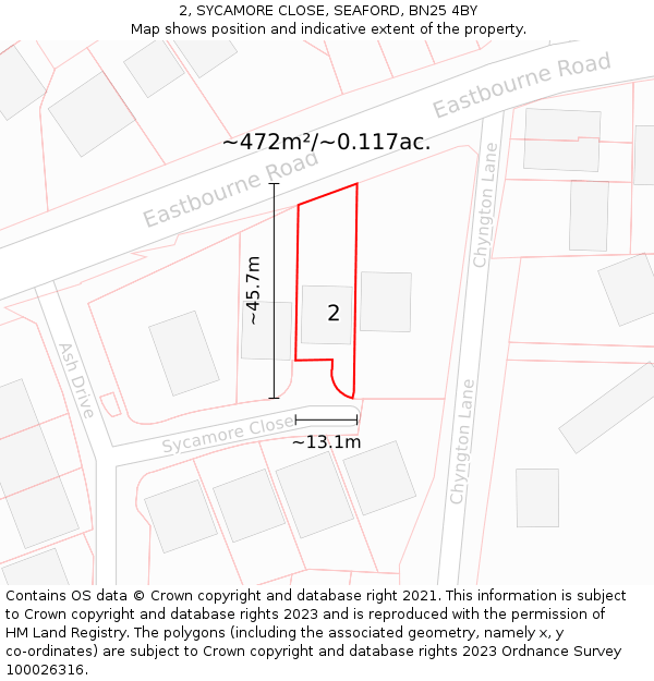 2, SYCAMORE CLOSE, SEAFORD, BN25 4BY: Plot and title map