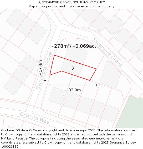 2, SYCAMORE GROVE, SOUTHAM, CV47 1EY: Plot and title map