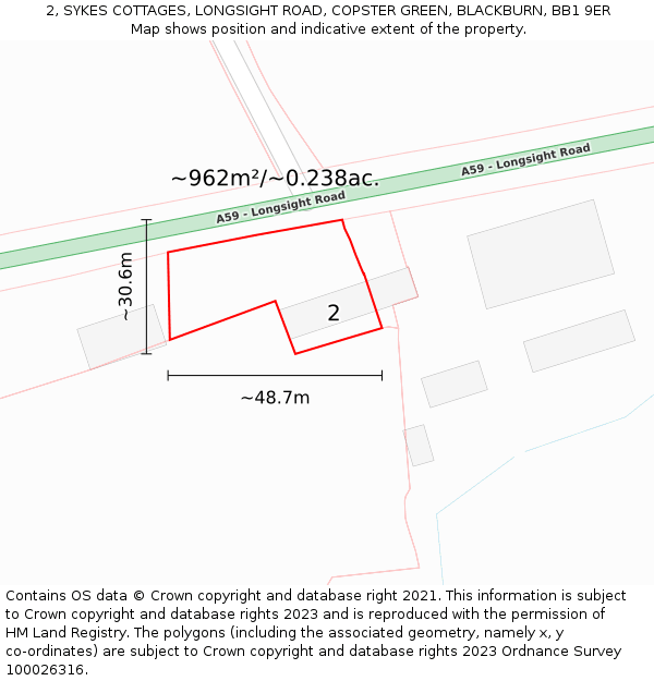 2, SYKES COTTAGES, LONGSIGHT ROAD, COPSTER GREEN, BLACKBURN, BB1 9ER: Plot and title map