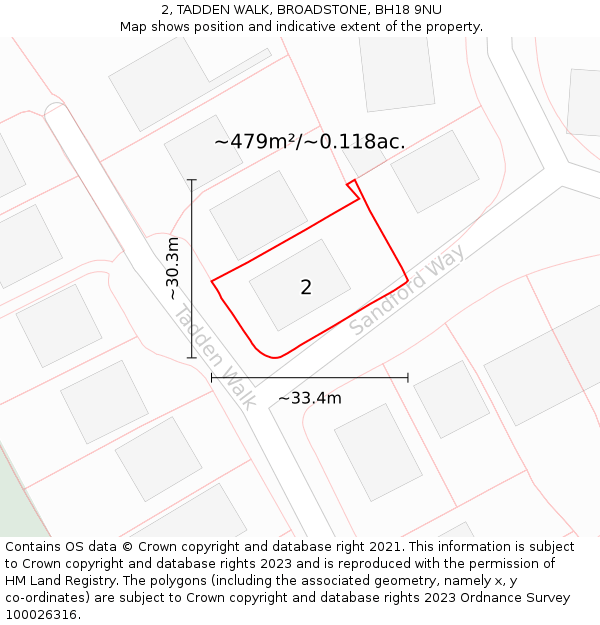 2, TADDEN WALK, BROADSTONE, BH18 9NU: Plot and title map