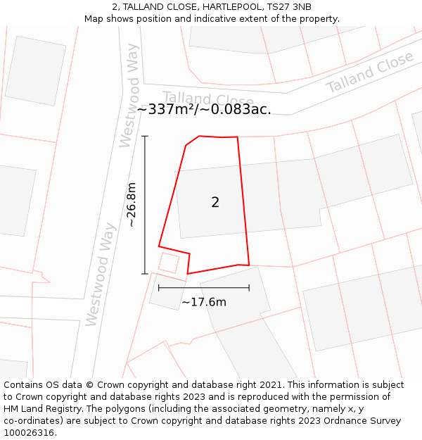 2, TALLAND CLOSE, HARTLEPOOL, TS27 3NB: Plot and title map