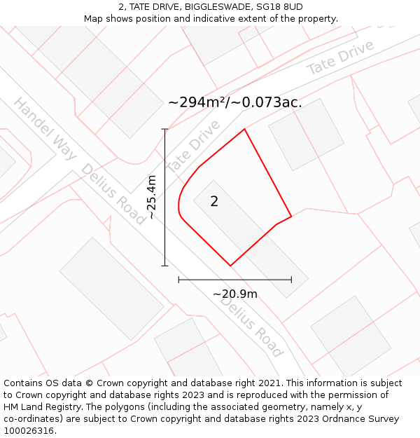 2, TATE DRIVE, BIGGLESWADE, SG18 8UD: Plot and title map