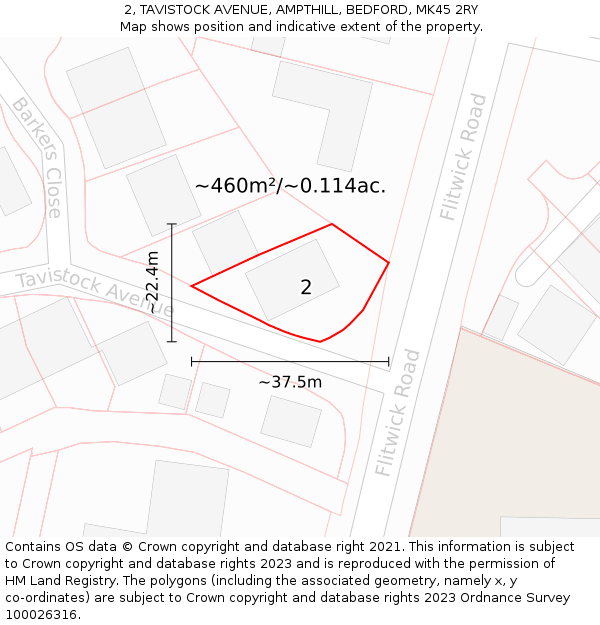 2, TAVISTOCK AVENUE, AMPTHILL, BEDFORD, MK45 2RY: Plot and title map