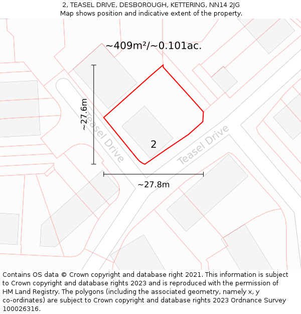 2, TEASEL DRIVE, DESBOROUGH, KETTERING, NN14 2JG: Plot and title map