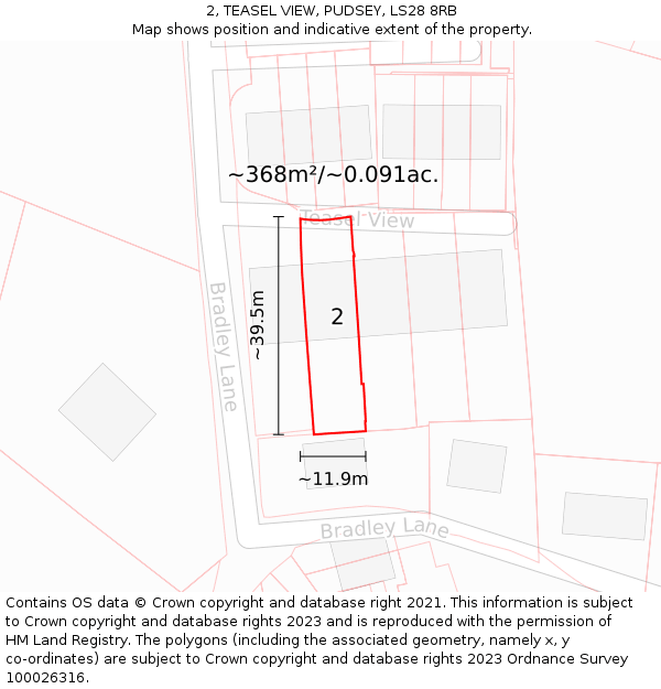 2, TEASEL VIEW, PUDSEY, LS28 8RB: Plot and title map