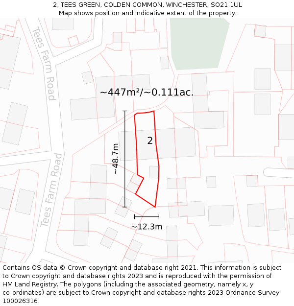 2, TEES GREEN, COLDEN COMMON, WINCHESTER, SO21 1UL: Plot and title map