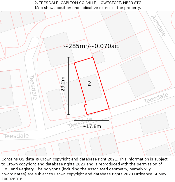 2, TEESDALE, CARLTON COLVILLE, LOWESTOFT, NR33 8TG: Plot and title map