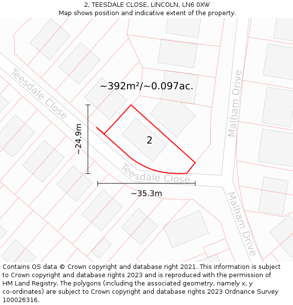 2, TEESDALE CLOSE, LINCOLN, LN6 0XW: Plot and title map