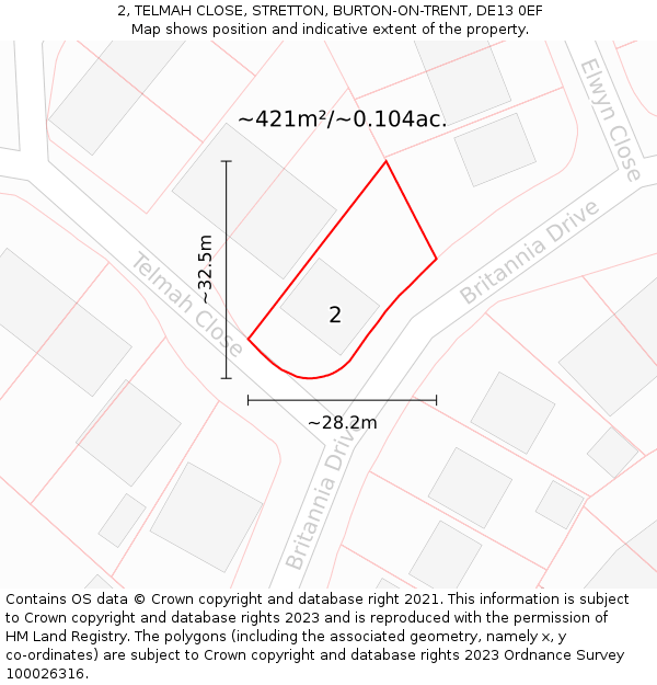 2, TELMAH CLOSE, STRETTON, BURTON-ON-TRENT, DE13 0EF: Plot and title map