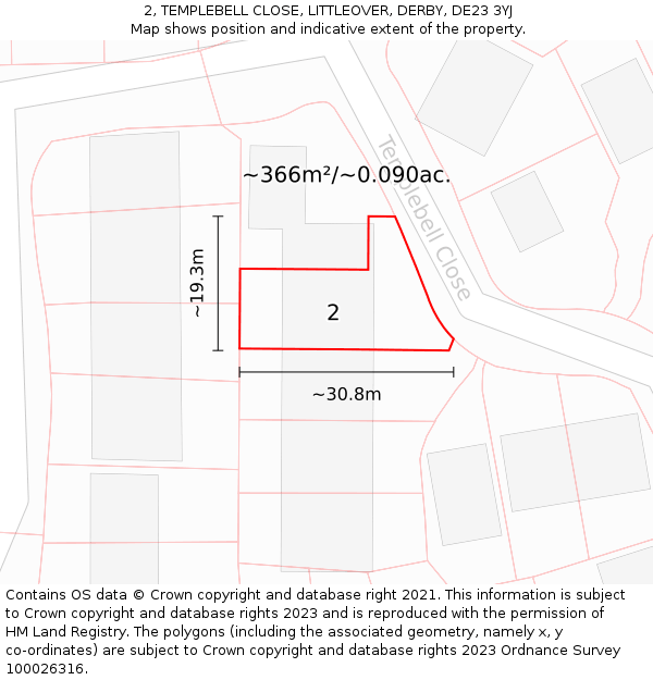 2, TEMPLEBELL CLOSE, LITTLEOVER, DERBY, DE23 3YJ: Plot and title map