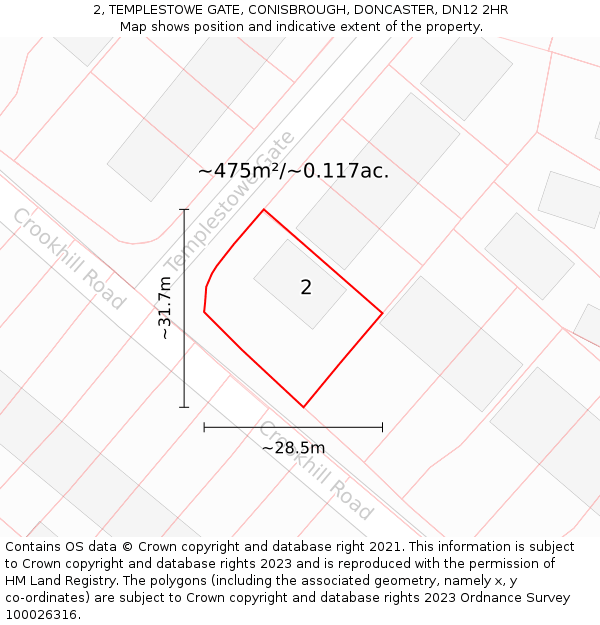 2, TEMPLESTOWE GATE, CONISBROUGH, DONCASTER, DN12 2HR: Plot and title map