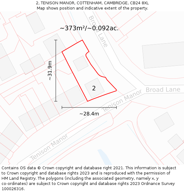 2, TENISON MANOR, COTTENHAM, CAMBRIDGE, CB24 8XL: Plot and title map