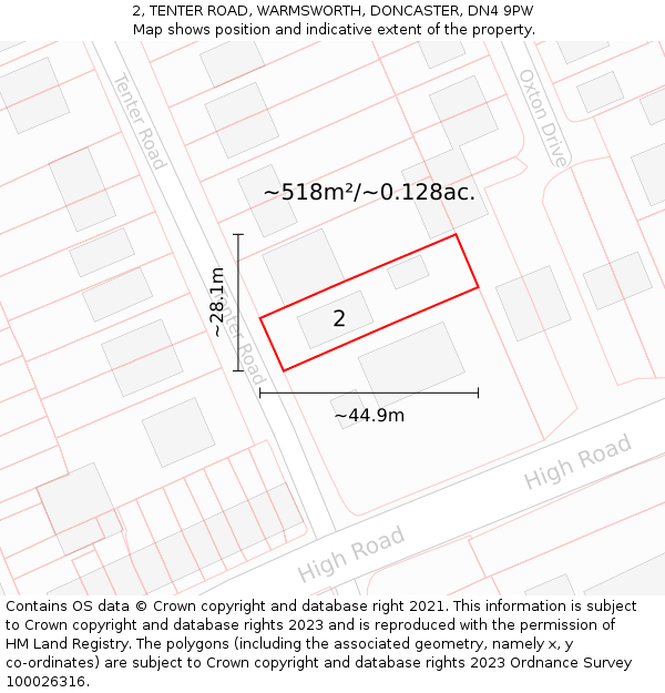 2, TENTER ROAD, WARMSWORTH, DONCASTER, DN4 9PW: Plot and title map