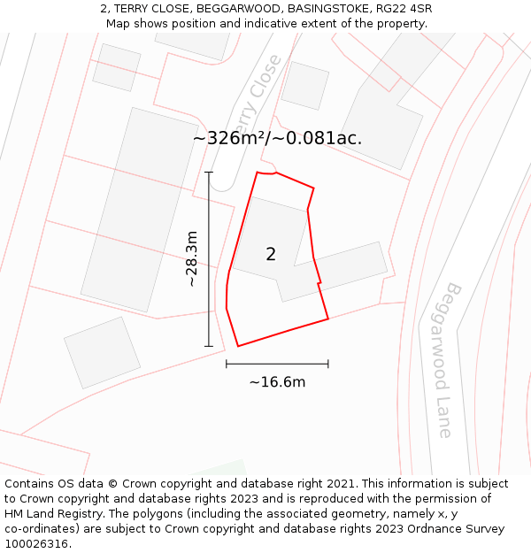 2, TERRY CLOSE, BEGGARWOOD, BASINGSTOKE, RG22 4SR: Plot and title map