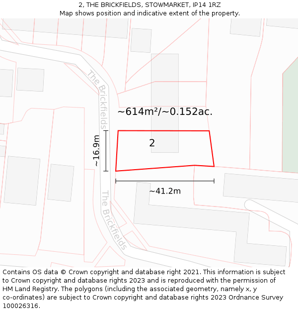 2, THE BRICKFIELDS, STOWMARKET, IP14 1RZ: Plot and title map
