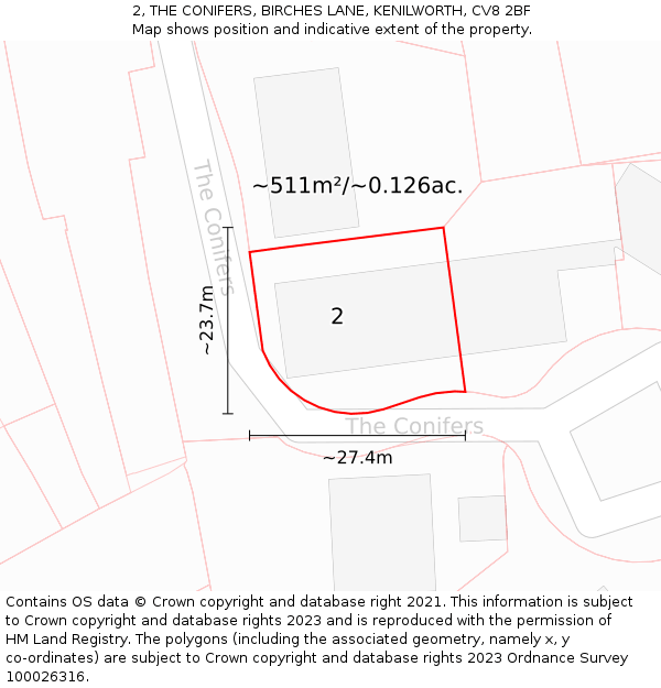 2, THE CONIFERS, BIRCHES LANE, KENILWORTH, CV8 2BF: Plot and title map