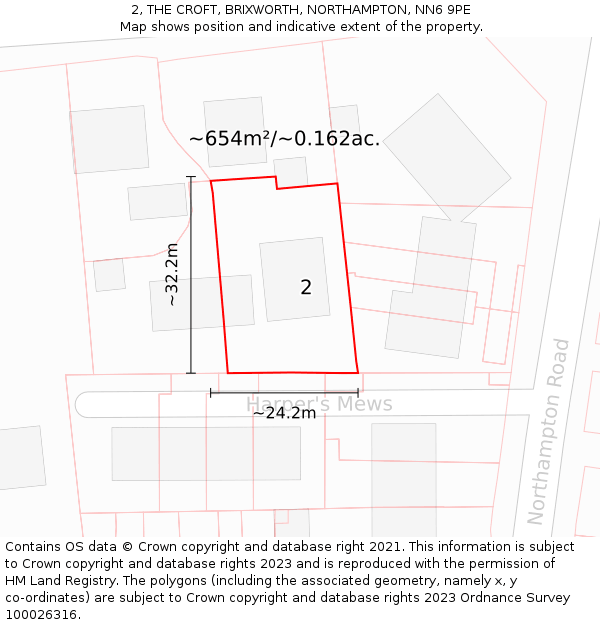 2, THE CROFT, BRIXWORTH, NORTHAMPTON, NN6 9PE: Plot and title map