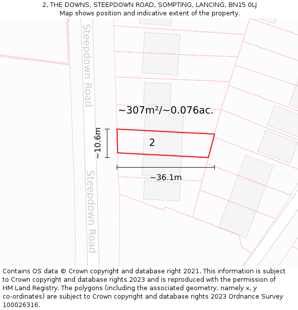 2, THE DOWNS, STEEPDOWN ROAD, SOMPTING, LANCING, BN15 0LJ: Plot and title map