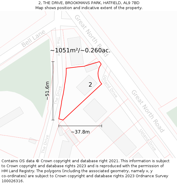 2, THE DRIVE, BROOKMANS PARK, HATFIELD, AL9 7BD: Plot and title map
