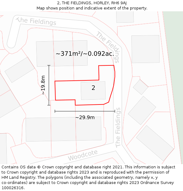 2, THE FIELDINGS, HORLEY, RH6 9AJ: Plot and title map