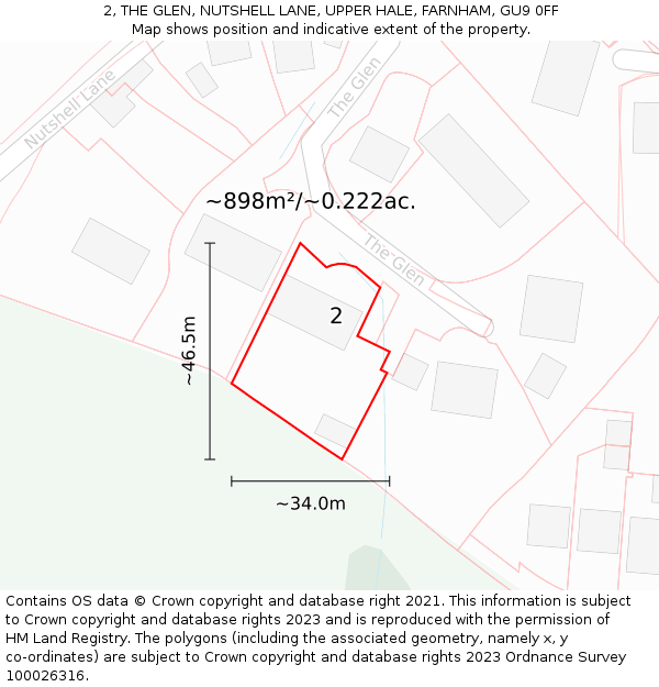 2, THE GLEN, NUTSHELL LANE, UPPER HALE, FARNHAM, GU9 0FF: Plot and title map