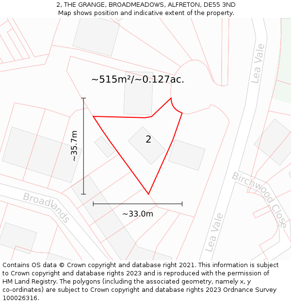 2, THE GRANGE, BROADMEADOWS, ALFRETON, DE55 3ND: Plot and title map