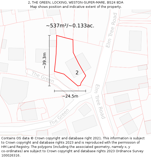 2, THE GREEN, LOCKING, WESTON-SUPER-MARE, BS24 8DA: Plot and title map
