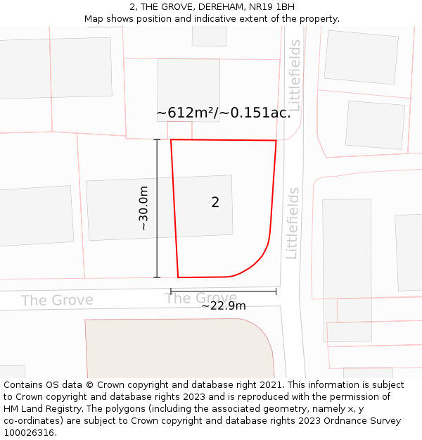 2, THE GROVE, DEREHAM, NR19 1BH: Plot and title map